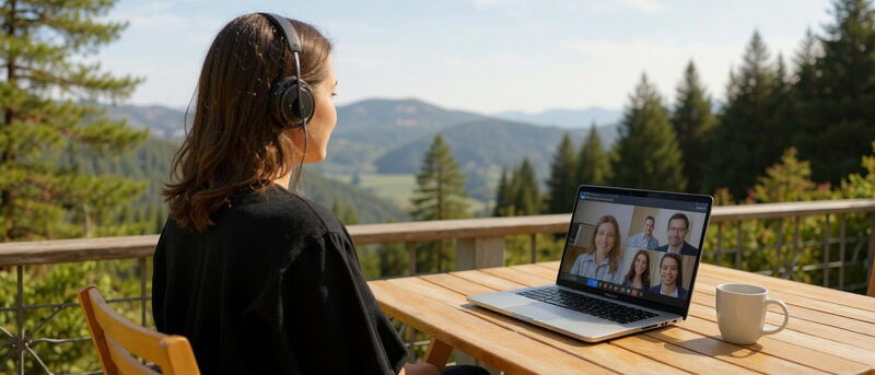 Eine Frau sieht man draußen in der Natur seitlich an einem Tisch sitzend auf einer Terrasse in einer schönen Urlaubsregion. Die Frau hat ein Headset auf und sitzt auf einem Stuhl und auf dem Tisch davor steht ein Laptop. Auf dem Laptop ist eine Zoom-Konfe